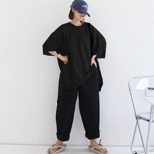 애플망고샵 여성 빅사이즈 반팔 무지 시보리 언발절개 롱박스티 맨투맨 오버핏 루즈핏 캐주얼 여름 박스티