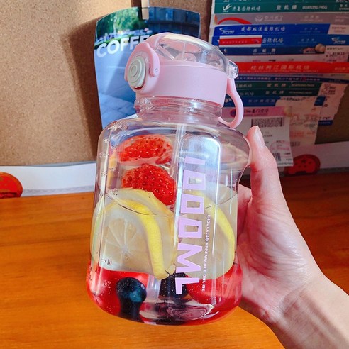 【휴대용 물병】물병 대용량 물 컵, 1L 핑크 투명 + 밀짚