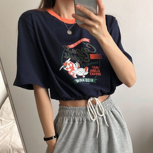 데일리 실켓 크롭 반팔티 크롭티 12 여성용 라운드 반팔티 데일리룩 딜리스트링크롭티