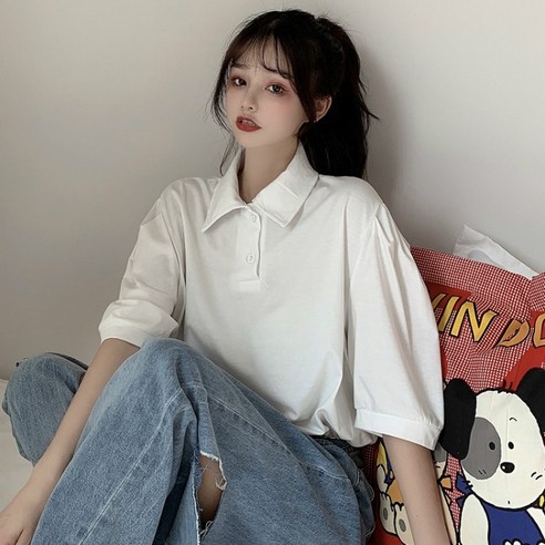 리얼 샷 폴로 셔츠 반팔 티셔츠 여성 한국어 스타일 느슨한 디자인 감각 배꼽 탑