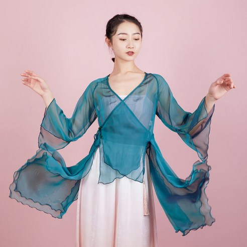 Sorfil 클래식 댄스복 몸매 댄스복 샤이닝 여성복 하늘하늘 댄스 연습복 루즈핏 트임 블라우스, 공작록 저고리, 평균