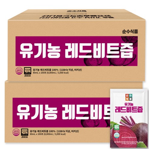 순수식품 유기농 레드 비트즙 실속형 100포(8000ml), 80ml, 200개