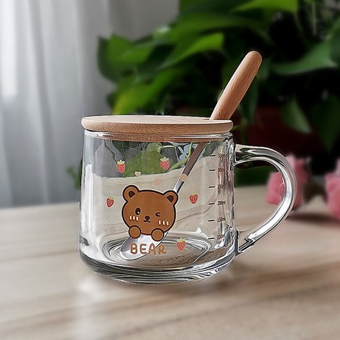 유리컵 빨대 우유 아침컵 귀엽다 만화 눈금 컵 덮개 숟가락 선물 글씨, 301-400ml, 380ml 귀여운 곰돌이+대나무 덮개+나무 주걱