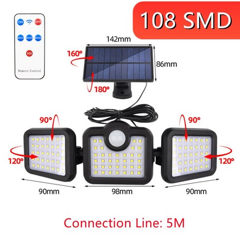 [KHTE]태양광 3 헤드 원격 제어 벽 램프 2400Mah 루스 드 파티오 솔라레스 3500lumm 분리형, 폴란드_108SMD-Detachable