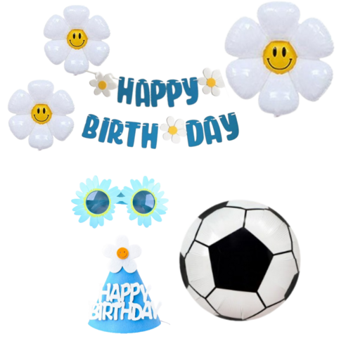 연지마켓 생일파티 용품 세트 데이지 풍선 생일 가랜드 안경 고깔, 1세트, 12)블루 축구공