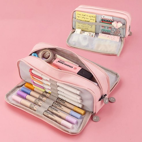 HB문화사 마카롱 더블 윈도우 캠퍼스 패브릭 대용량 필통 수납파우치, 1개, 핑크(PINK)