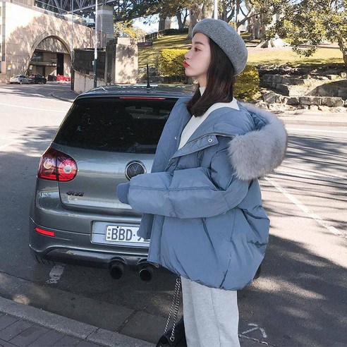 Xiaoxiang 코트 겨울 새로운 한국어 스타일 유행 면화 패딩 자켓 느슨한 학생 짧은 큰 모피 칼라 빵 코트