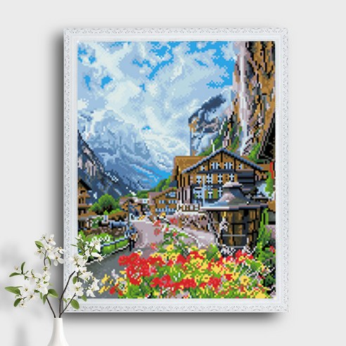 오늘의오브제 DIY 보석십자수 캔버스형 50x40cm, 1개, B1_18_설산이 보이는 마을