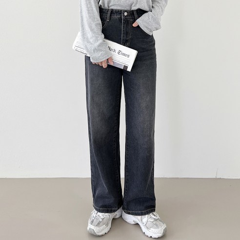 가비진 여성용 일자 와이드 그레이 흑청 데님 팬츠 청바지 키작녀 롱기장 바지