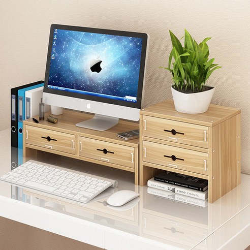 【Computer Rack】【컴퓨터 랙】컴퓨터 디스플레이 화면 높이 랙 높이 탁상용 데스크탑 스토리지 랙 데스크 스토리지 선반 기본, 더블레이어파티션+세레이어얕은호두(4서랍)