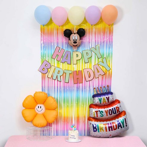 [피앤비유니티]스마일데이지 풍선스탠드 생일장식커튼세트 펌프포함, 1세트, 13)미키마우스기본형마카롱커튼세트