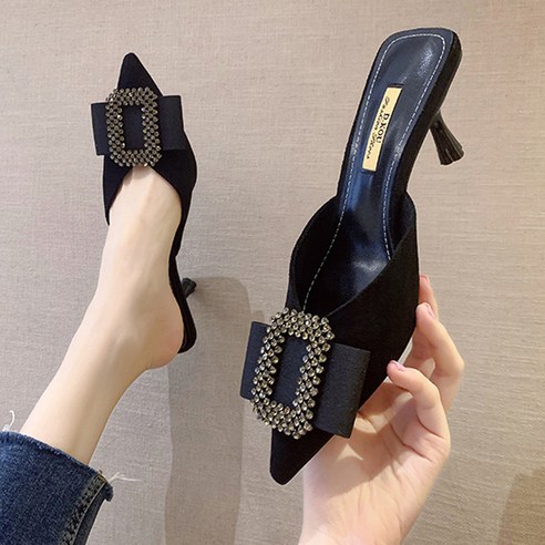 노티아 7cm 스웨이드 큐빅 뾰족코 미들힐 뮬 슬리퍼 2color