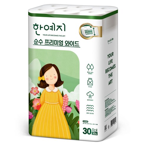 한예지 순수 프리미엄 와이드 넓고 도톰한 천연펄프 화장지 104mm 지폭, 1개, 30개입