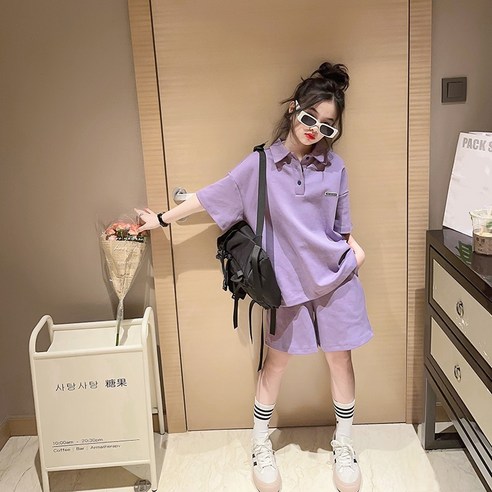 밀크봉봉 초등생 여아 카라 반팔 티셔츠+반바지 세트(G64)