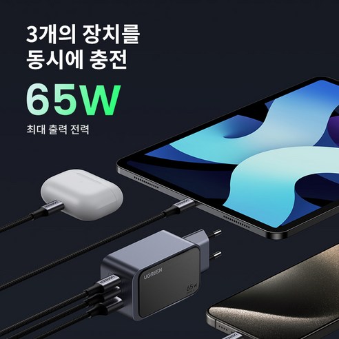 UGREEN 유그린 USB 충전기 65W 간 충전기 고속충전기 충전기, 1개, Grey