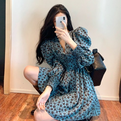 빅 사이즈 뚱뚱 MM 플라워 원피스 빈티지 긴팔 브이넥 조거 봄 스커트자