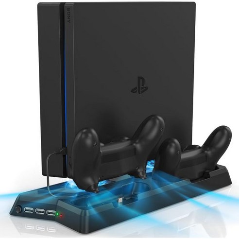 KEKUCULL PS4/PS4 Slim/PS4 Pro용 컨트롤러 충전기 스테이션 이중 충전 도크 냉각 팬 및 USB 포트 3개 포함 PS4 수직 스탠드(PS4+PS4 Slim, Only for PS4+PS4 Slim