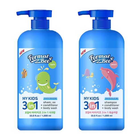 포멀비 키즈 3in1 대용량 샴푸 바디워시 1000ML, 복숭아향+사과향