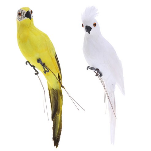 2x 인공 노란색 흰색 앵무새 장식 동물 새 정원 장식, 멀티 컬러, 35x10x9cm, 설명