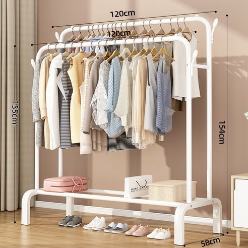 MBH 실내건조대 스탠드 건조대, 120cm 흰색 더블 바 4 후크 랙
