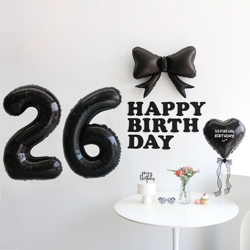 이벤트홀릭 블랙 풍선 생일파티용품세트 (자유레터링) 리본 숫자 풍선 가랜드, 1개, 26