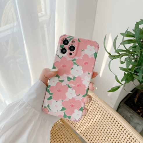 핑크 화이트 감성 플라워 유화 아이폰 케이스 컬러풀 꽃무늬 가죽패턴 폰케이스, iPhone11PROMAX