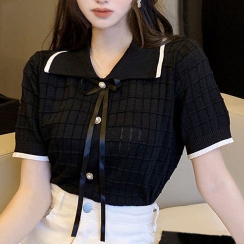 주디앤 여성 라조 리본 배색 반팔 니트 티