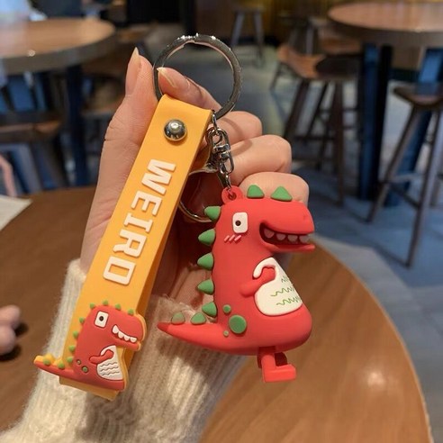 DFMEI 귀여운 만화 인형 키 체인 여성 키 체인 인터넷 연예인 크리 에이 티브 공룡 가방 펜던트 열쇠 고리 새해 선물, 레드 공룡 + 옐로우 가죽 로프