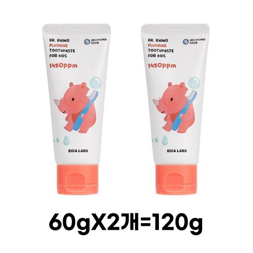 에이카랩스 고불소 빨간 코뿔소 어린이 치약 사과향 1450ppm, 60g, 2개