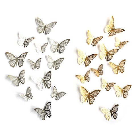 노 브랜드 24PCS 3D 중공 입체 종이 나비 벽 스티커 거실 연구 홈 인테리어 (G, 금은