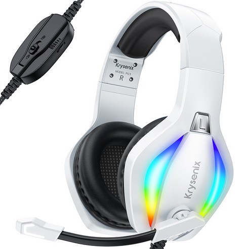 Krysenix 게이밍 헤드셋 pc 유선 PG1, 화이트 블랙