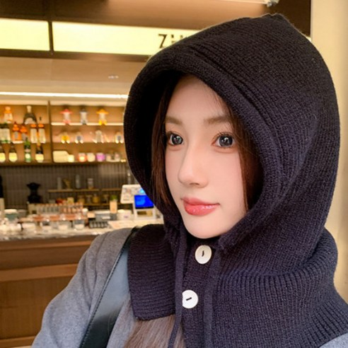 겨울 니트 바라클라바 후드 넥워머 스키장모자 털모자, 블랙
