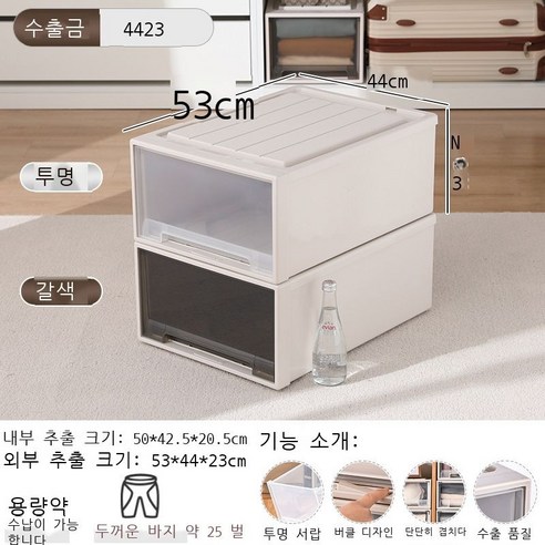 옷 수납함 플라스틱 서랍식 수납함 투명 데스크톱 거실 옷장 보관함 수납장 정리함, 투명한 모양, [4423] 깊이 53* 너비 44* 높이 23cm