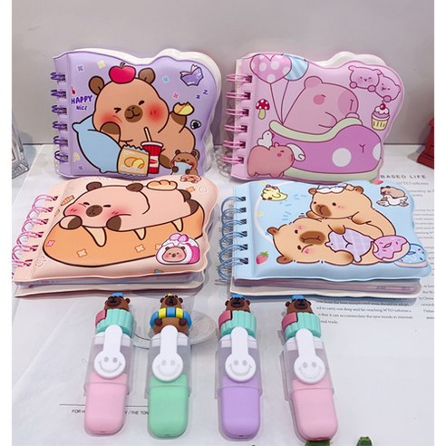 브헤오떼 퐁신 카피바라 노트+형광펜 문구 학용품, 1개, 퍼플