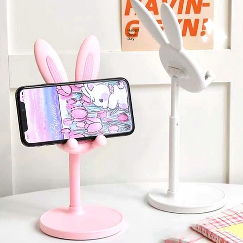 책상 위 귀여운 토끼 스마트폰 거치대 화이트 1p + 핑크 1p, 2개