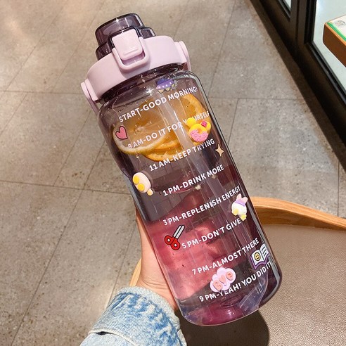 [SW] 2L 대용량 물병 밀짚 컵 고온 플라스틱 물 컵 시간 규모 서리로 덥은 야외 스포츠 커플 컵, 색깔18, 2L   64OZ