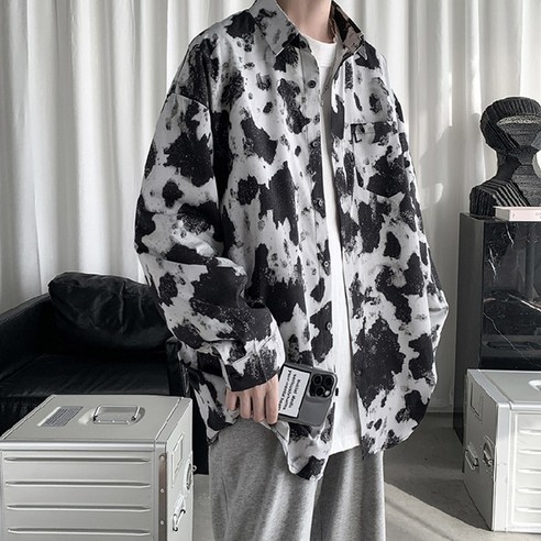 KORELAN 와이셔츠 남자 이너 멋쟁이 젖소 무늬 그라데이션 긴팔 저고리 봄 홍콩풍 캐주얼 코트