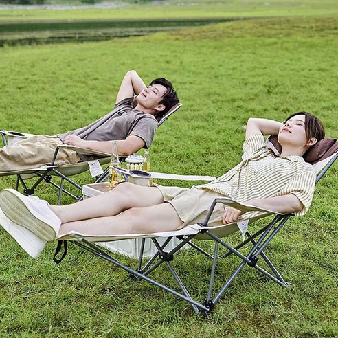 캠핑 접이식 침대의자 야외 휴대용 간이 눕는의자 4단조절, 베이지, 1개