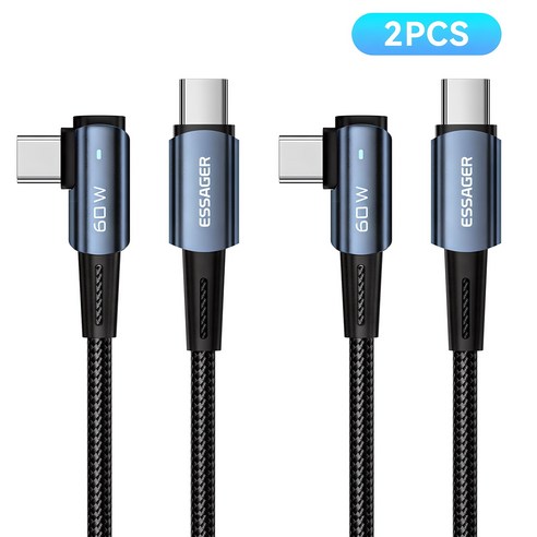 Essager PD 60W C to C타입 엘보 90도 L자형 고속충전 케이블 2개입, 블루, 2개, 2m