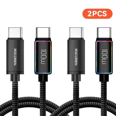 Rocoren 100W 초고속 충전 USB C 케이블 – 알루미늄 합금 조명 디스플레이, 2개 세트, 검정색, 1000mm 신지모루충전케이블
