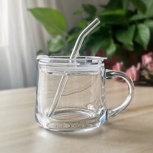 유리컵 빨대 우유 아침컵 귀엽다 만화 눈금 컵 덮개 숟가락 선물 글씨, 301-400ml, 380ml 투명 + Ps 덮개 + 유리 빨대