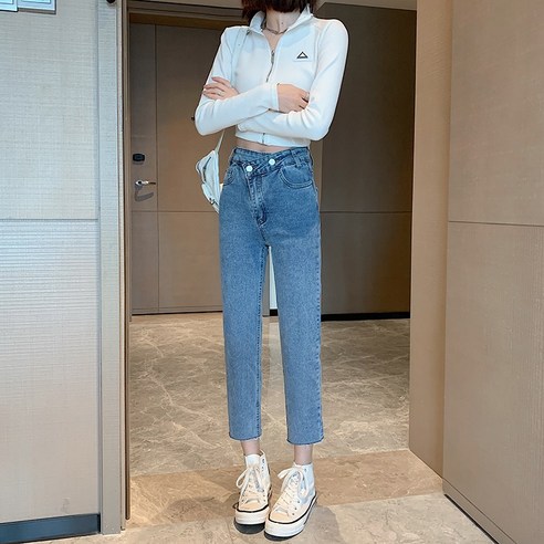 Ogfaour 여성 봄 하이웨이스트 와이드 데님 스트레이트 팬츠 O30409