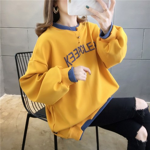 Maidefei 크루넥 스웨트셔츠 컬러 매칭 접합 편지 스웨트셔츠 여자 양털 두꺼운 릴렉스핏 스웨트 학생