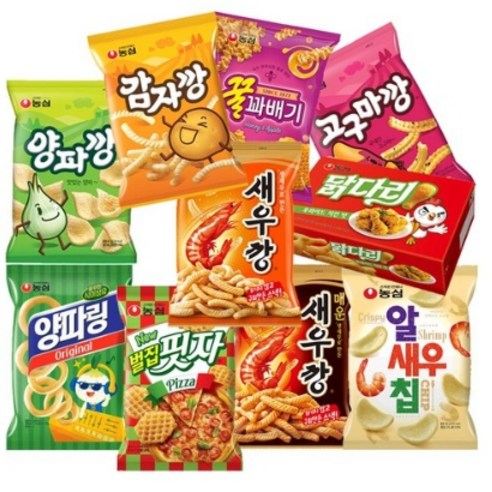 (라니랜드) 농심 양파깡 감자깡 고구마깡 꿀꽈배기 닭다리 새우깡 매운새우깡 벌집핏자 양파링 알새우칩 총10봉지 한박스
