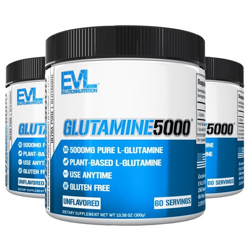 EVLUTIONNUTRITION 울트라 퓨어 글루타민 5000mg 언플레이버드, 3개, 300g