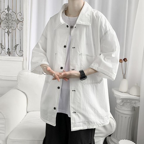 Asure 여름 패션 남성 루즈핏 솔리드 반팔 셔츠 코트