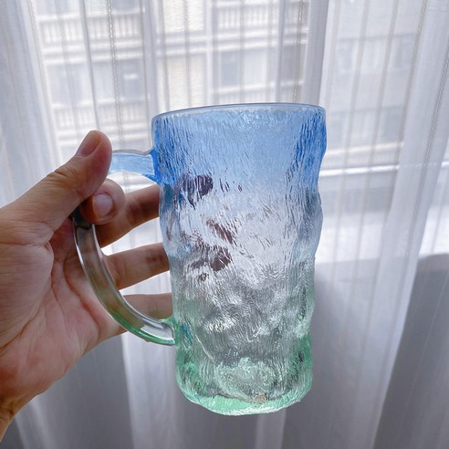 DFMEI 물컵 손잡이가 있는 빙하 패턴 유리 바람 서리로 덥은 그라데이션 식수 컵 여성용 주스 컵, DFMEI 높은 섹션 380ML / 입 8 * 높은 1