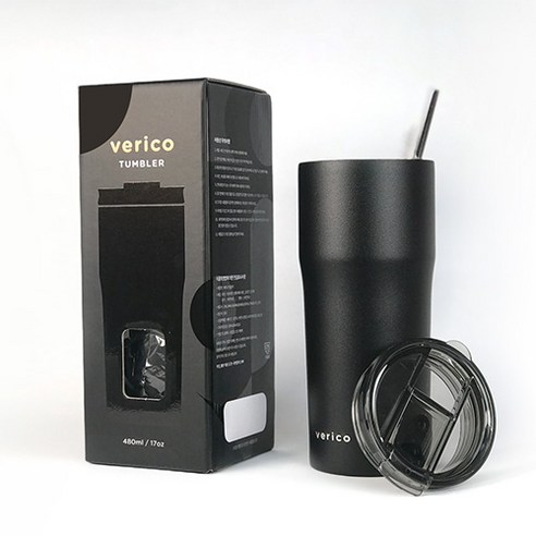 베리코 마스 보온보냉 스텐 텀블러 + 뚜껑2개 + 스텐빨대, 팬텀블랙, 480ml