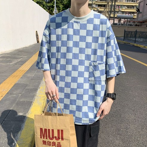 DFMEI 여름 새로운 일본식 격자 무늬 반소매 셔츠 남성 Ins 홍콩 스타일 느슨한 패션 브랜드 캐주얼 커플 일곱 분 소매 티셔츠