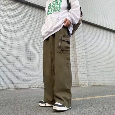 KORELAN 일본계 복고 남녀 동종 포켓 지퍼 슬랙스 작업복 와이드 팬츠